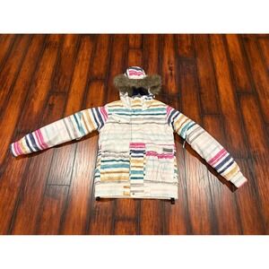 Burton Women's Ski Snowboard Jacket Multi Stripe Faux Fur Hood Size Medium
